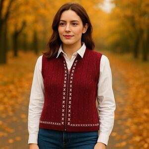 Vintage Woolrich Womens Sz Large Knit Sweater Vest Ruby Heather Zip GrannyCore